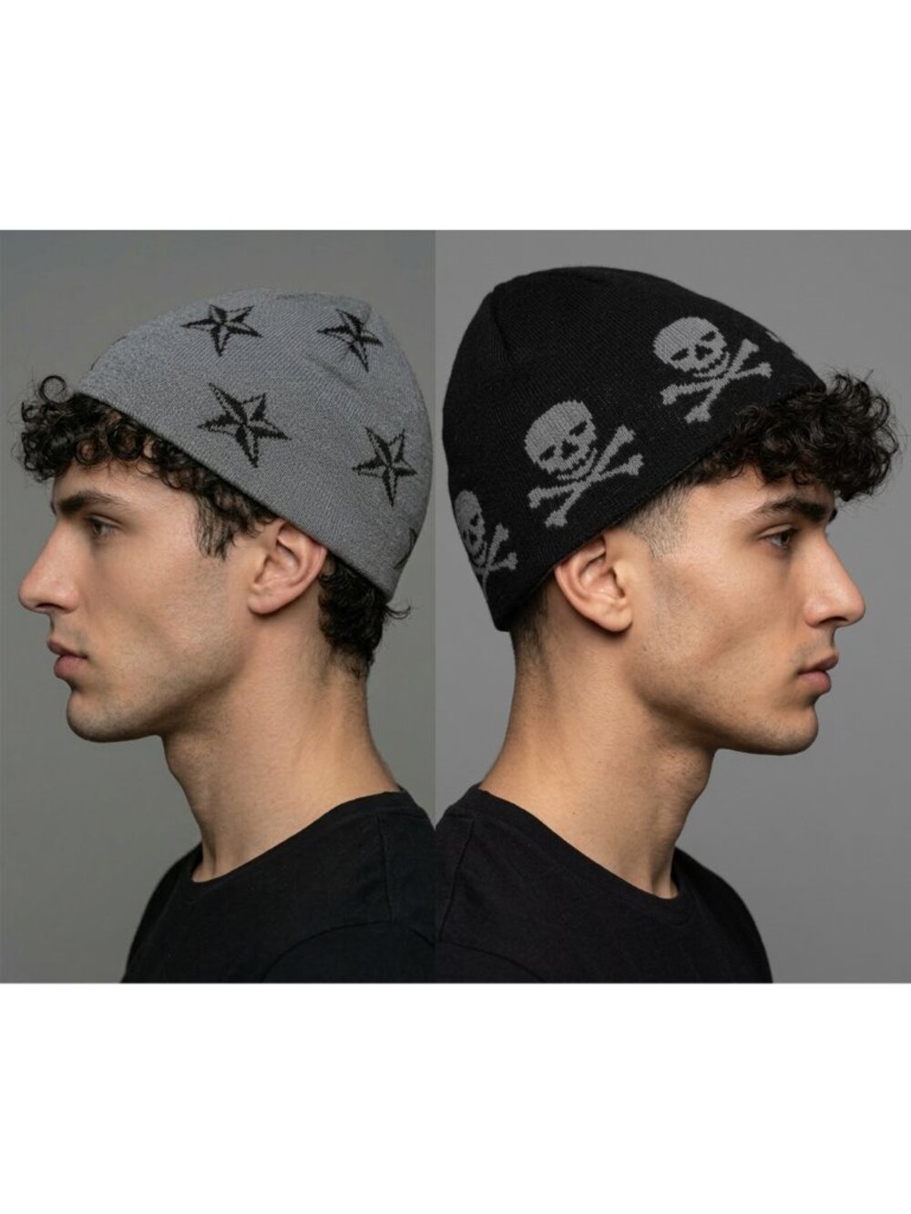 Vintage Y2K Reversible Skull Star Graphic Knit Beanie Skater Grunge Streetwear